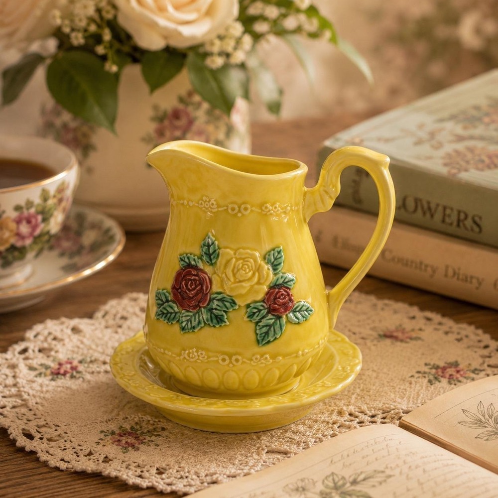 VTG Norleans Japan Yellow Creamer & Underplate Raised Rose Cottagecore